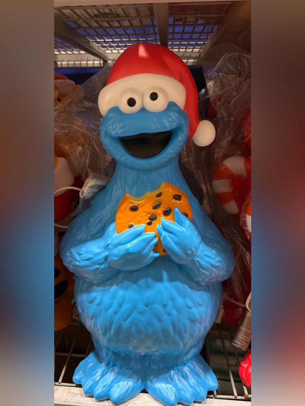 Blue Cookie Monster Holiday Figurine with Santa Hat